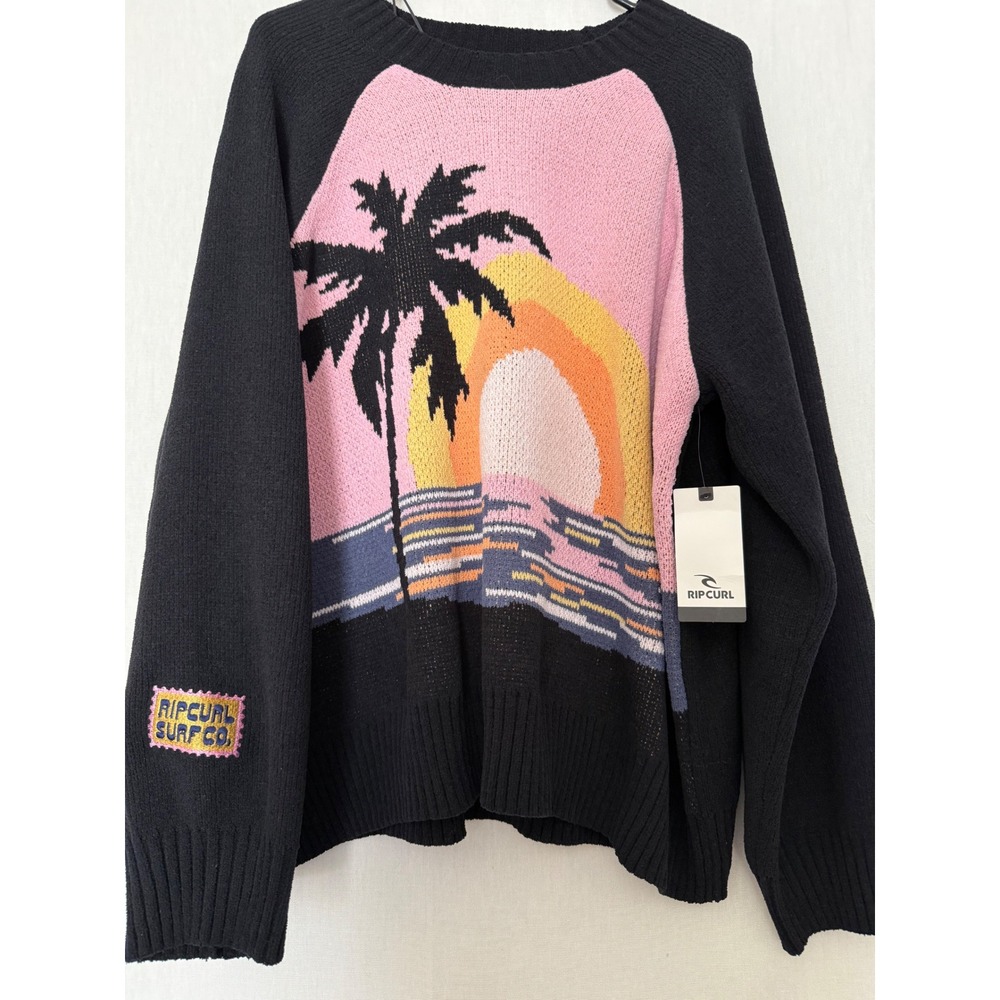 NWT Rip Curl Surf Co Ladies Palm Tree Sunset Sweater Black Pink Pullover XL Surf